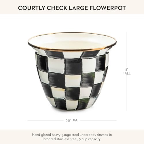 MACKENZIE-CHILDS Enamel Flowerpot, Black-and-White Courtly Check | Hand-painted design, made from enameled steel, decorative garden pot for flowers