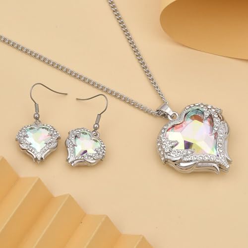 Mystic Color Glass Crystal Heart Pendant Necklace 24-26"Earrings
