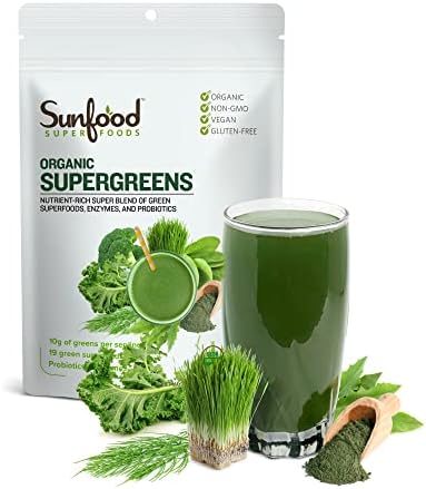 Sunfood Superfoods Organic Supergreens Blend - Greens Superfood Powder, Daily Green Juice Powder, Vegetable Smoothie Drink Mix with Chlorella, Spirulina, Alfalfa, Kale, & More - 8 oz Bag