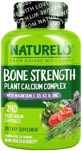 NATURELO Calcium Supplement with Vitamin C, D3, K2, 120 Vegetarian Capsules | Magnesium & Zinc for Bone Strength,Plant-Based Calcium 600mg , Non-GMO, Soy & Gluten-Free