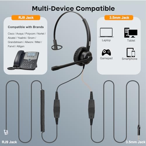 MAIRDI Phone Headset with Microphone Noise Canceling, Telephone Headset for Call Center, Office Headset with RJ9 & 3.5mm Jack for Landline Deskphone Cell Phone PC Laptop, Work for Polycom Avaya