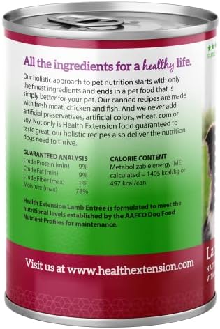 Health Extension Lamb Entrée Wet Dog Food, 12.5 oz – Protein-Rich Recipe, Hydration Support, Ideal for Sensitive Stomachs (Case of 12 Cans)