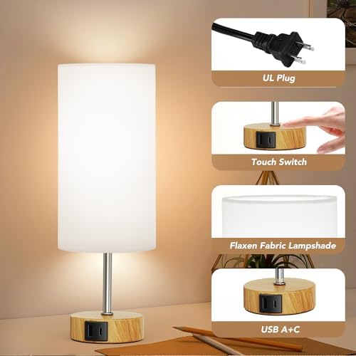 ROTTOGOON 12.8" Touch Control Table Lamp, 3-Way Dimmable Small Bedside Nightstand Lamp with 2 USB Ports