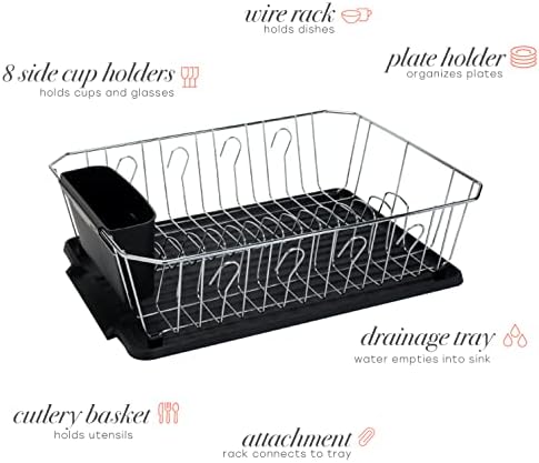 Kitchen Details 3 Piece Dish Rack | Drying Rack, Cutlery Basket & Drainboard Tray | Countertop | Self Draining | Open Wire Design | Chrome | White