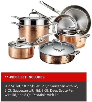 Lagostina Martellata Tri-ply Hammered Copper 11 PC Pots and Pans Cookware Set, Copper