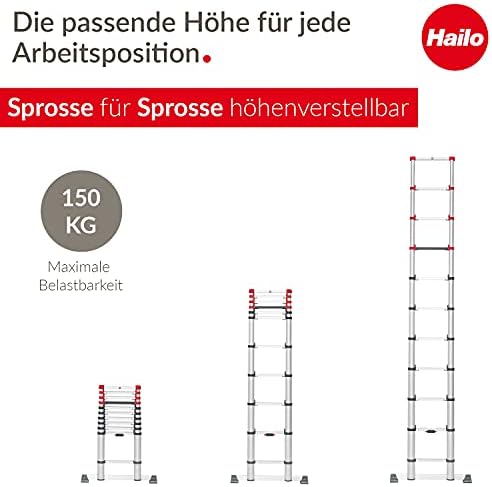 Hailo T80 FlexLine | Aluminum telescoping Ladder | 11 rungs | Height Adjustable up to 10.5FT | Single rungs can be Extended | Transport Belt