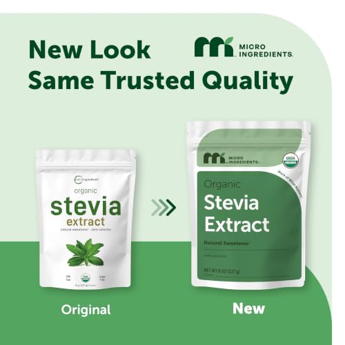 Micro Ingredients Pure Organic Stevia Powder, 8 Ounces, 1418 Serving, Highest Grade Green Leaf Extract Reb-A, Reduced Bitter Aftertaste, 0 Calorie, Natural Sweetener, Sugar Alternative, Keto Friendly