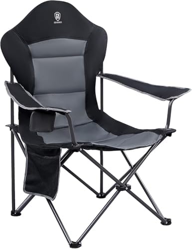 EVER ADVANCED High Back Folding Camping Chair Oversized and Fully Padded, Portable Quad Camp Lawn Chair Up to 400 lbs, with Cup Holder Armrest Carrying Bag