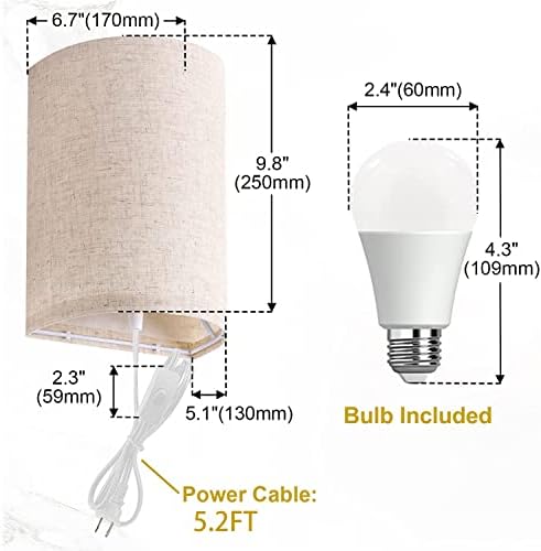AVV Wall Sconces Set of Two, Wall Lamp Plug in with On/Off Switch, 2700K 4000K 5000K Selectable, Wall Lights for Bedroom, Living Room