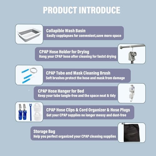 11 Pack CPAP Tube Cleaning Kit, Collapsible Wash Basin, CPAP Hose Hanger, CPAP Hose Holder for Bed, CPAP Hose Plugs, CPAP Tube Clips