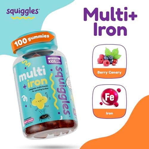 Squiggles Kids Multivitamin + Iron Gummies, Low Sugar Gummy Vitamins, 100ct | Kids Multivitamin with Iron Gummies