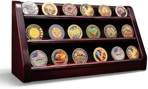 ASmileIndeep 3 Rows Wooden Challenge Coin Wall Display Stand - Military Coin Holder Army Coins Rack, Holds 21-24 Coins, Mahogany
