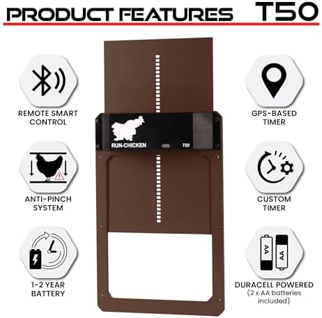 RUN-CHICKEN Door T50 – Automatic Chicken Coop Door Opener, Battery Powered & Weatherproof Aluminum, Smart App & Timer Control, Predator Proof