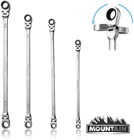 Mountain RF7 SAE Reversible Double Raised Box Ratcheting Wrench Set, Universal Spline, 90 Tooth Design, 180 Degree Rotating Head, Sizes 5/16", 3/8"