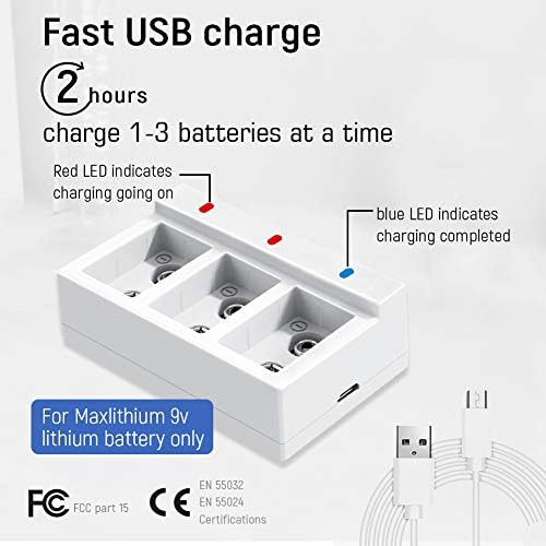 9v Rechargeable Batteries, Lithium-ion 9 Volt Battery Capacity 800mAh 7200mWh,3 Pack with Quick Charger