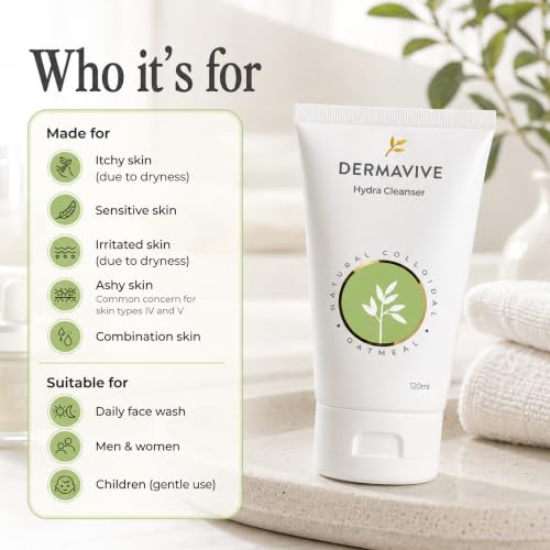 Dermavive Hydrating Facial Cleanser, Soap-Free Gentle Cleanser with Colloidal Oatmeal & Vitamin E, Soothes & Moisturizes Sensitive & Dry Skin
