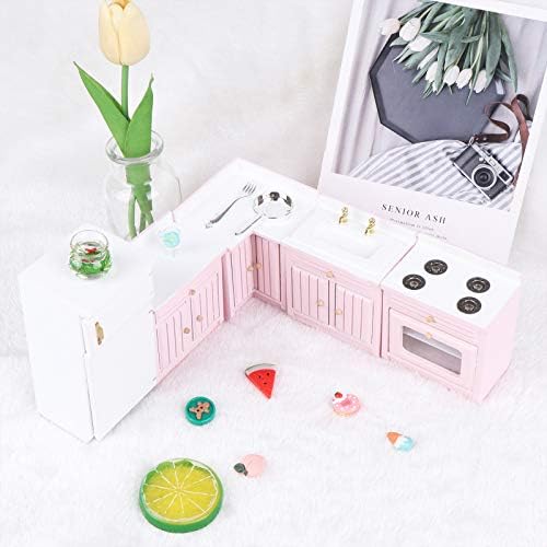 1:12 Scale Dollhouse Kitchen Furniture Set, 5 Piece Wooden Miniature Kitchen Accessories with Cabinet, Fridge, Sink, Corner Cabinet