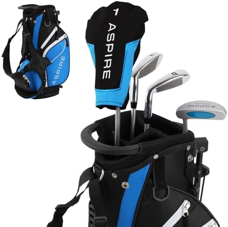 Aspire Junior Plus - Kids Complete Golf Club Set | Aircraft-Grade Aluminum, 15% Larger Clubhead, 7 Iron & Pitching Wedge, Progressive Flex Shafts, Rain Hood, 2 Headcovers