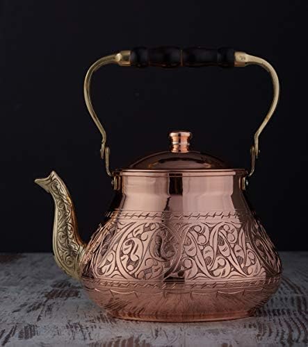 DEMMEX Large Copper Teapot, 1mm Thick, Engraved, Handcrafted in Turkey, 3.1 Quarts (2.9L)