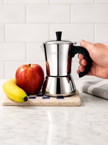 LuxHaus 3 Cup Moka Pot (2oz each cup - 6oz total) Stovetop Espresso Maker - Stainless Steel Italian and Cuban Mocha Coffee Maker