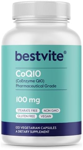 BESTVITE Coenzyme CoQ10 100mg (120 Vegetarian Capsules) Naturally Fermented - No Stearates - No Fillers - Vegan - Non GMO - Gluten Free | Vegan - Gluten Free - Non GMO - Coenzyme Q10 Supplement - Antioxidant for Heart & Energy Support* - Easy to Swallow…