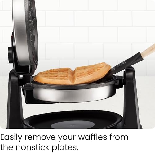 Chefman Rotating Belgian Waffle Maker, 180° Flip Iron w/ Non-Stick Plates, Adjustable Timer, Locking Lid, & Drip Plate, Space Saving Storage, Mess-Free Breakfast, Stainless Steel/Black