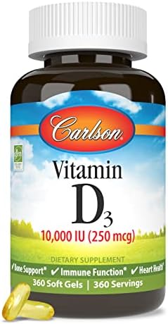 Carlson Vitamin D3 10000 IU (250 mcg), Bone Health, 120 Softgels | Muscle Health; Cholecalciferol; Vitamin D Supplements; Vitamin D3 Soft Gels