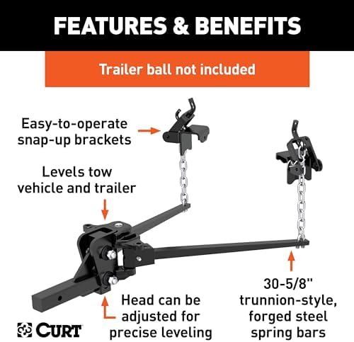 CURT 17333 Short Trunnion Bar Weight Distribution Hitch, Up to 15,000 lbs., 2-Inch Shank