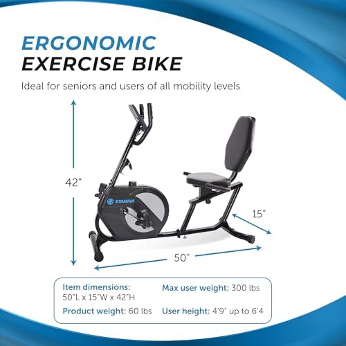 Stamina Recumbent Exercise Bike for Home 346 w/Smart Workout App - Stationary Bike for Adults, Seniors w/Large, Adjustable