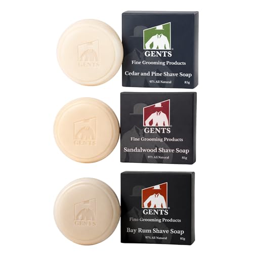 GENTS All Natural Shaving Soap Set for Men, 3 Pack Cedar & Pine, Sandalwood, Bay Rum, Shea Butter Rich Lather, Barbershop Wet Shave Grooming Kit