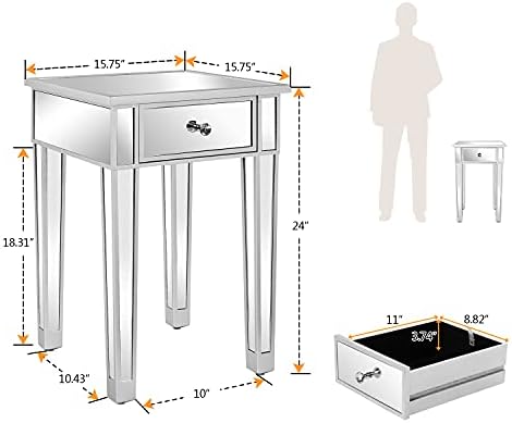 VINGLI Mirrored End Table with Drawer Silver Modern Nightstand/Bedside/Accent Table for Small Space, Living Room, Bedroom, 15.7" L x 15.7" W x 24" H