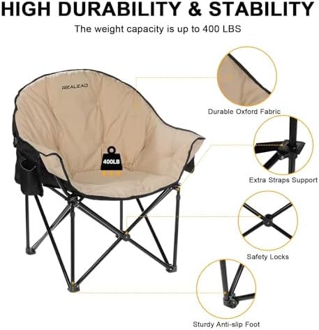 Oversized Camping Chairs Padded Heavy Duty Folding Support 400LBS | Comfy Lawn Chairs for Adults Outdoor Sports with Side Mesh Bag & Cup Holder, Portable Foldable, Sturdy Steel Frame (Grey)