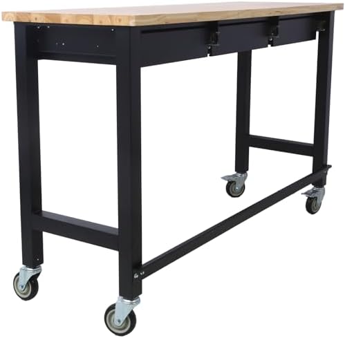 Work Bench, Workbench with Drawer Storage, Heavy Duty Bamboo Wood Work Table with Wheels for Garage Home Office (48 Inch)