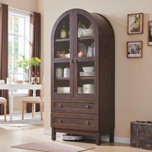 IFGET 71" Tall Arched Kitchen Pantry, Modern Farmhouse Wood Kitchens Storage Cabinets with 2 Large Drawers and Adjustable Shelves, Versatile Cupboard for Kitchen, Dining Room, Bathroom, Natrual