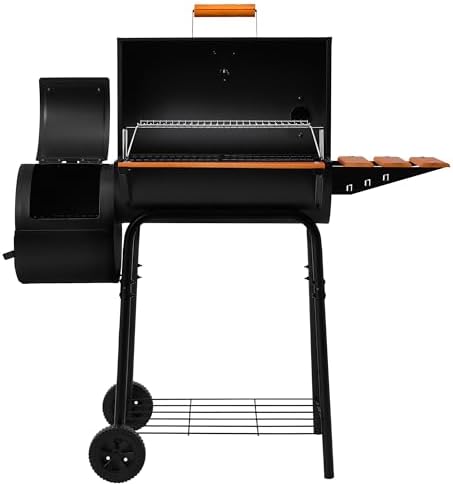 Royal Gourmet CC1624W Barrel Charcoal Grill with Offset Smoker, 552 Sq. In. | Wooden Front and Side Shelf with Hooks, Mesh Bottom Shelf