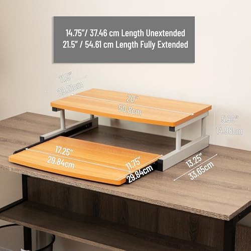 Mind Reader Monitor Stand, Sliding Keyboard Drawer, Laptop, Riser, Office, Wood/Metal, 20"L x 14.75"W x 5.9"H, Brown, Silver