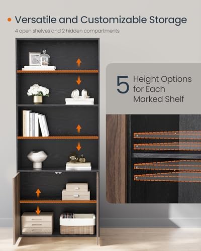 SONGMICS HOME Book Shelf, Snapsemble Superfast Assembly, 6-Tier Floor Standing Bookcase with Doors and Adjustable Shelves, 70.4 Inches Tall for Bedroom Study Living Room, Snow White