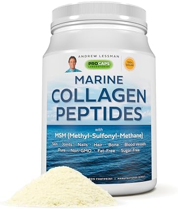 Andrew Lessman ProCaps Marine Collagen with MSM Powder 30 Servings | Marine Collagen with MSM supports healthy skin, joints, bones, hair and nails in a pure, unflavored, super-soluble powder.