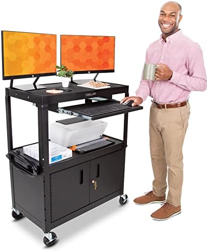 Line Leader AV Cart w/Locking Cabinet, Black Metal Utility Cart with Storage Shelf - Height Adjustable, Mobile and Great for Offices, Classrooms, Libraries (Black, 24in x 18in)