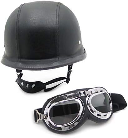 MT506-002-XL- DOT German Black Leather Motorcycle Half Face Helmet Biker Pilot Goggles XL