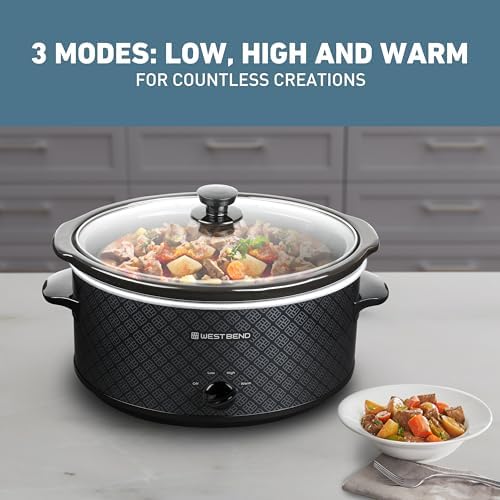 West Bend Slow Cooker 6-Quart Manual Crockery Style with Dishwasher Safe Oval Ceramic Crockpot and Glass Lid Two Temperature Settings Plus Keep Warm, 330-Watts, Black