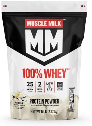 Muscle Milk 100% Whey Protein Powder, Vanilla, 5 Pound, 68 Servings, 25g Protein, 2g Sugar, Low in Fat, NSF Certified for Sport, Energizing Snack, Workout Recovery, Packaging May Vary