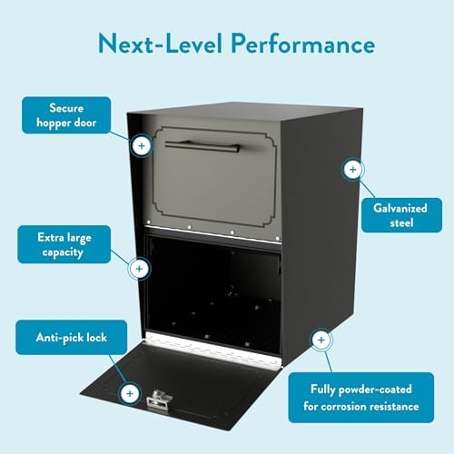 Architectural Mailboxes Oasis Galvanized Steel Package Drop Box, Black, XL | Rust-resistant parcel locker with a secure cam lock, an anti-theft hopper door, and a powder-coat finish.