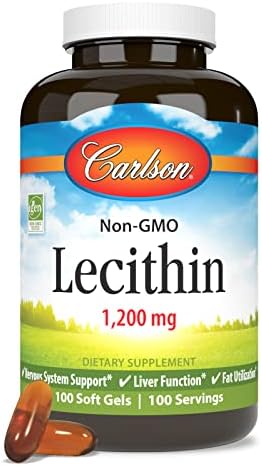 Carlson Lecithin, Non-GMO, 1200 mg, 100 Softgels | Nervous System Health; Liver Function; Unbleached Soy Lecithin