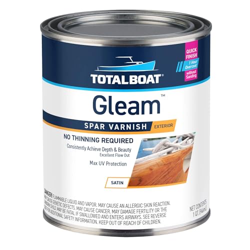 TotalBoat Gleam Marine Spar Varnish for Boats & Outdoor Wood - Satin Quart | Oil-Based Polyurethane Finish; No Thinning; UV Inhibitors; Wooden Boats, Yacht Brightwork, Furniture & Interior/Exterior Wood