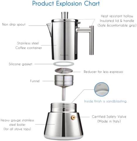 Easyworkz Diego Stovetop Espresso Maker Stainless Steel Italian Coffee Machine Maker 6Cup 10 oz Moka Pot Induction Espresso Pot