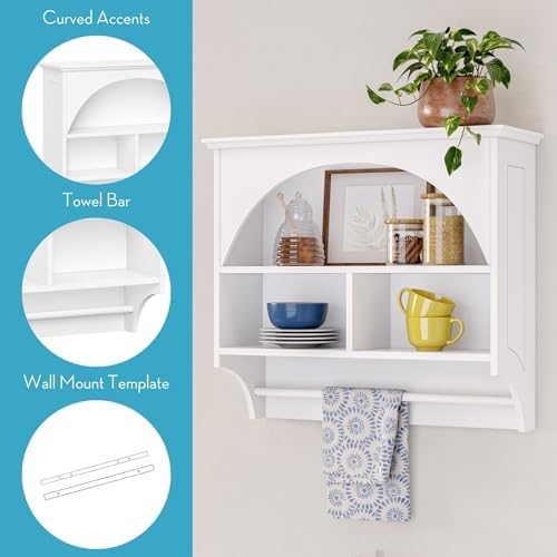 RiverRidge Kitchen Wall Shelf with Arch and Towel Bar, White | Wall-Mounted Pantry Spice Rack, 2 Shelves, Kitchen Storage Cabinet, Hand Towel Rack