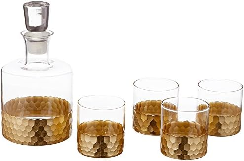 Fitz and Floyd Daphne Decorative Whiskey Decanter Set with Top Glass for Wine, Bourbon, Brandy, Liquor, 5 Piece, Gold