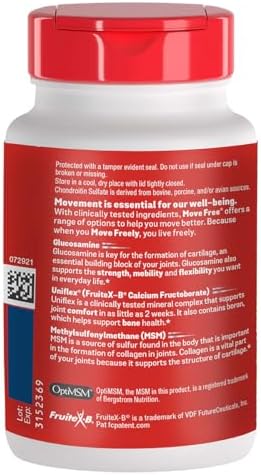 Move Free Advanced Joint Support, Glucosamine, Chondroitin + MSM - 120 ct | Supports Mobility Comfort Strength Flexibility & Bone, 40 Servings, Bone & Joint Support Supplement tablets, Fruitx-B
