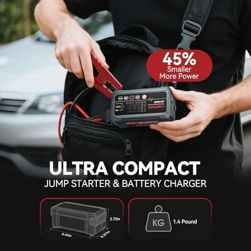 LOKITHOR JC400 2A Car Battery Charger and 2500A Jump Starter | 750mA/1A/2A, 6V/12V Automotive Battery Maintainer, Trickle Charger and Desulfator